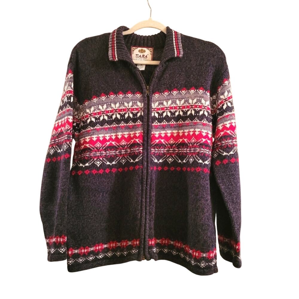Vintage Tiara Womens Nordic Knit Cardigan Sweater Full Zip Collar Size M